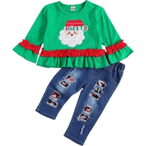 Christmas Little Girls 2-piece Suit Ripped Jeans Santa Claus Crew Neck Lace Long Sleeve Top Casual Spring Fall Clothing Set 1-6Y