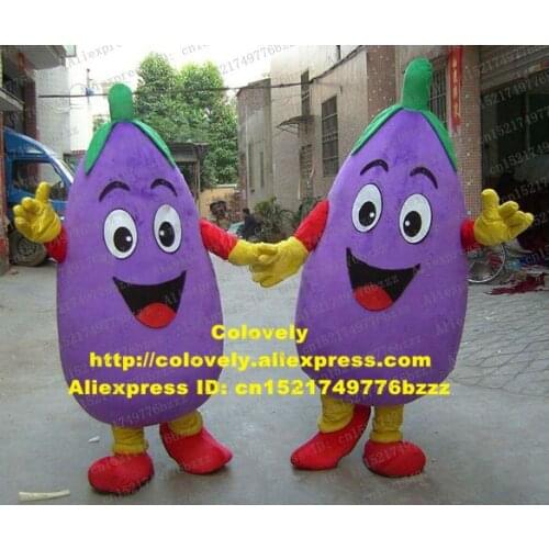 Happy Purple Eggplant Aubergine Brinjaul Mascot Costume Vegetable With Green Leaves Stalk Dense Curve Black Eyebrow No.6125