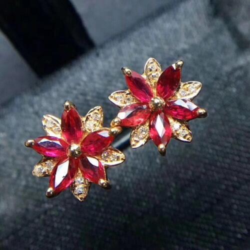 Flower Earring Natural ruby stud earring Free shipping Original real ruby 925 sterling silver Ruby Earring