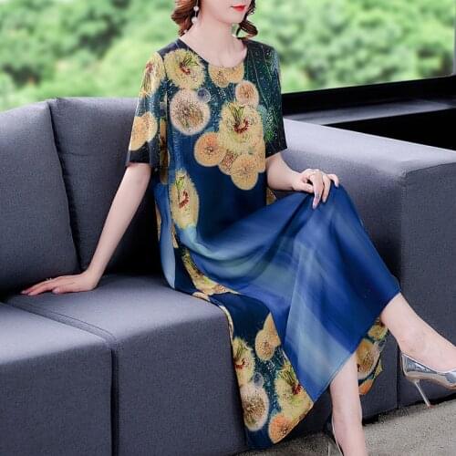 Blue Floral Chiffon Vintage Midi Dresses Elegant Female 3XL Plus Size Print Sundress Summer Party Bodycon Runway Vestidos