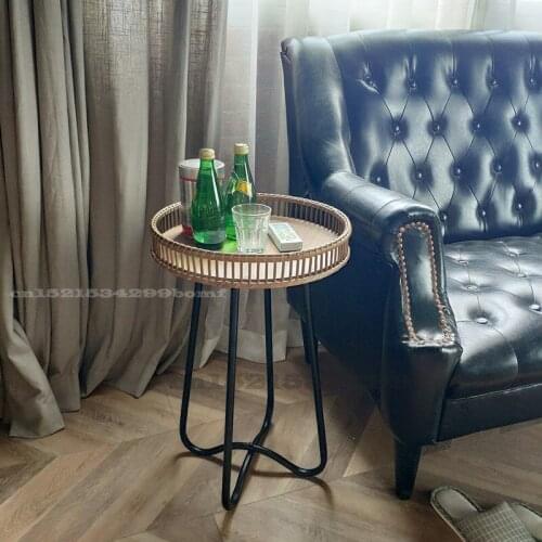 Modern Simple Rattan Small Round Table Iron Log Table Sofa Side Tables Balcony Leisure Tray Tables Coffee Furniture