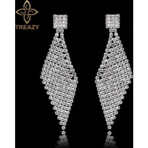 TREAZY Geometric Shape Crystal Long Wedding Earrings Silver Color Rhinestone Bridal Earrings 2017 Women Engagement Party Jewelry