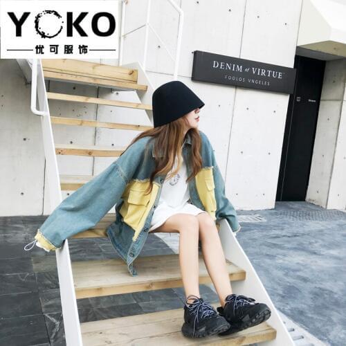 YOKO Women Oversized Denim Jacket with Collar Boyfriend Denim Jacket with Chest Pocket Chic Style patchwork streetwear coat plus