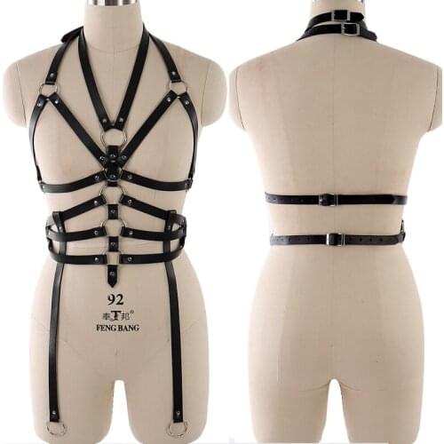 Women Sexy Harness Leather Adjustable Size Set Cage Bra Bdsm Bondage Restraints Lingerie Garter Belt For Stockings Gothic Fetish