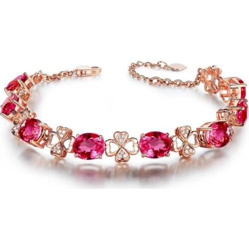 Ruby gemstones red crystal women bracelets diamonds 18k rose gold color luxury fine jewelry clover birthday gifts bijoux bague