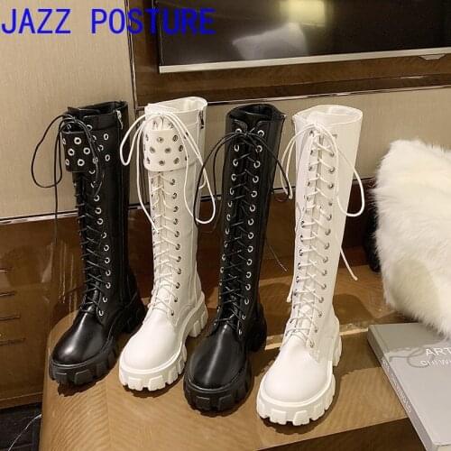 High heels ladies platform rubber non-slip knee-high boots with thick soles with back zipper 2021 autumn leather boots w320
