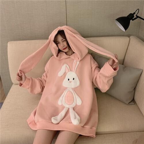 2021 Spring Women Hoodies Loose Hooded Rabbit ear Sweet cute Patchwork cartoon rabbit Kawaii pink pullover female tops