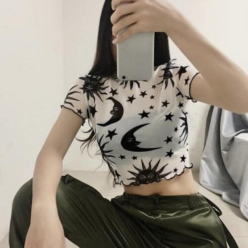 Womens Mesh Sheer Crop Tops Sun Moon and Star Print Short Sleeve T Shirt Slim Perspective wild vest kawaii Short sleeve