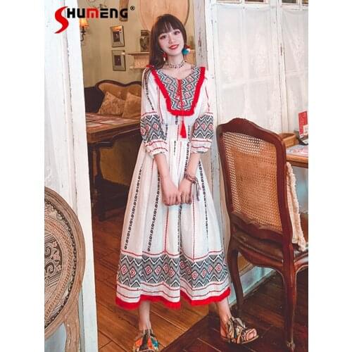 Summer 2021 New Embroidered Ethnic Style White Lantern Sleeve Holiday Desert Clothes Beach Super Fairy Female Dress Dress