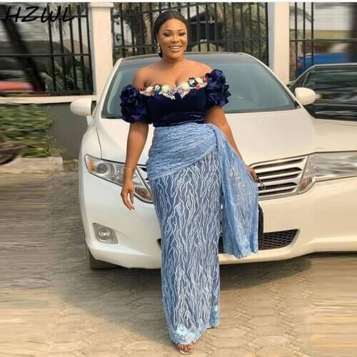 Plus Size Evening Dresses African off Shoulder Ruffles Lace Prom Dress Short Sleeves Aso Ebi Women Party Gowns robe de soiree