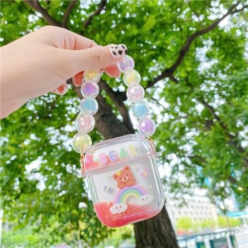 Earphone Hard PC Cover for Apple Airpods 1 2 Protective Cases Cute Bear Luxury Lanyard Liquid Quicksand Case for Airpod Pro 3