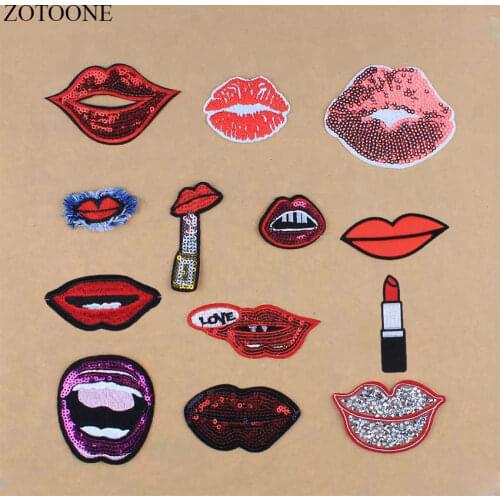 ZOTOONE 1Pcs Red Lip Patches Embroidered Lip Patches For Clothing Iron Letter Sequin Applique Patch For Girls Clothes Sewing A2