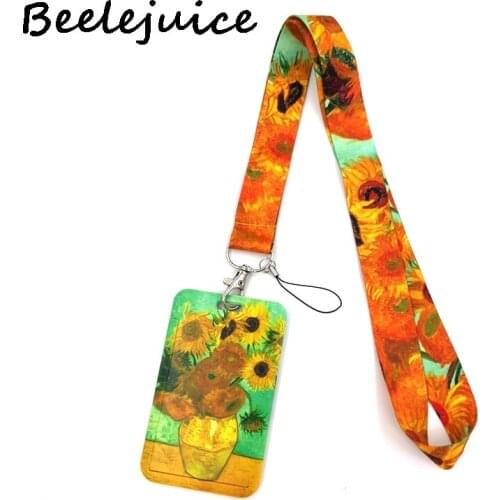 12sets Van gogh Sunflowers Oil Painting Fashion Lanyards Bus ID Name Work Card Holder Accessories Decorations Kids Gifts Art