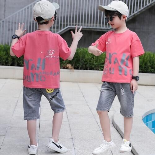 2021Summer New Boy Clothes Clothing Set 110-160 Letters Printed O-neck Short Sleeve T-shirt & Jeans Two Pieces Clothing Suits