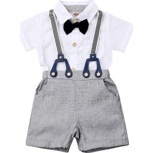 2021 Baby Summer Clothing Toddler Kid Baby Boy Gentleman Clothes Short Sleeve Top Shirts Romper + Overall Bib Shorts 2Pcs Outfit