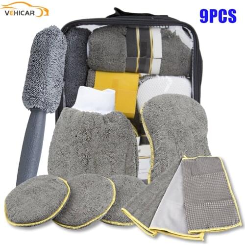VEHICAR 9Pcs Car Cleaning Kit Premium Microfiber Cleaning Cloth Sponges Wash Glove Polish Applicator Pads Towel Car Wash Tools