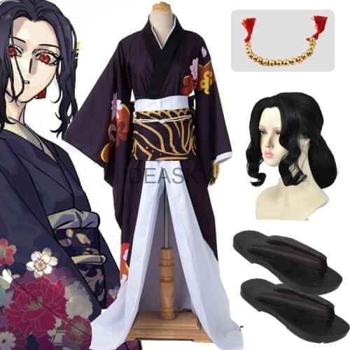 Anime Demon Slayer Kimetsu no Yaiba Kibutsuji Muzan Cosplay Costume Women adult Kimono Uniforms Clothes Dresses Wig Clogs