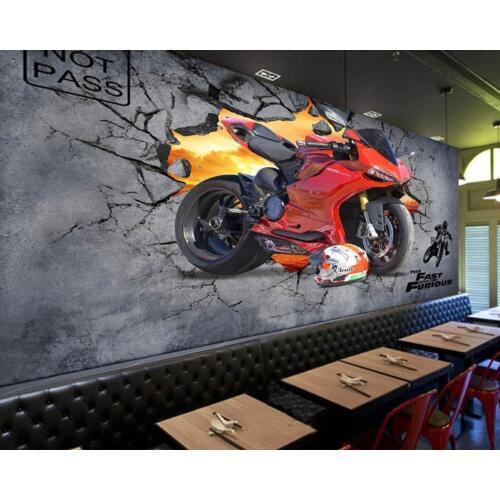 Free Shipping Cool Motorcycle Broken Wall Bar Coffee Shop Custom 3D Decoration Photo Wallpaper Mural Restaurant Wallpaper