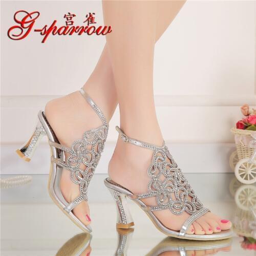 New Casual Wedding Silver Open Toe High Heel Shoes Diamond Female Womens Summer Sandals Size 11 Good Quality