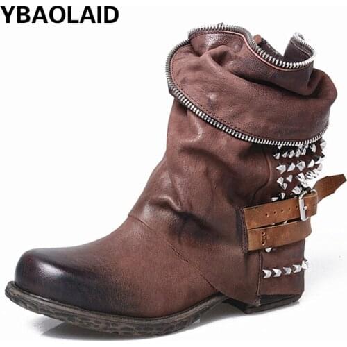 Square Toe Thick and Low-heel Color Matching Zipper Belt Buckle Decoration Casual and Old Rubbed Sheepskin Rivet Short Boots