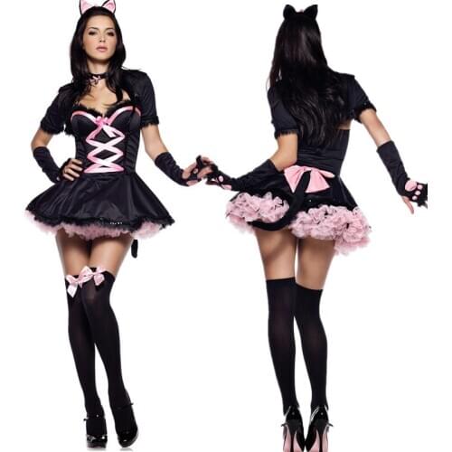 Hot Black Sexy Cat Women Animal Cosplay Clothing Adult Halloween Party Costumes Sexy Dress Cosplay Appeal Uniform 3Pcs