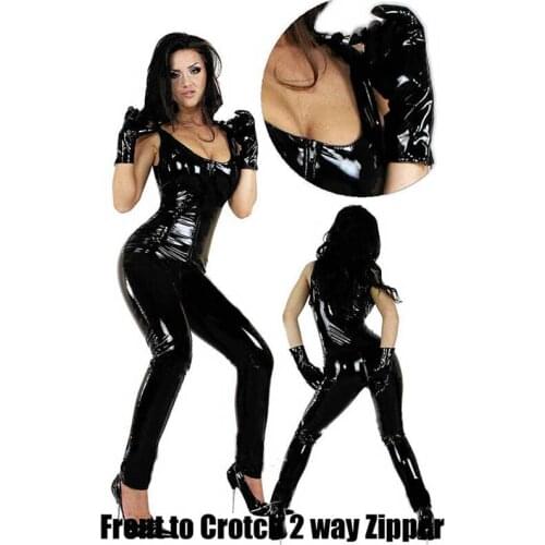 Wetlook Vinyl Leather Sleeveless Jumpsuit Elastic Black PU Full Bodysuit Playsuit Sexy Catsuit Nightclub Costume with Gloves