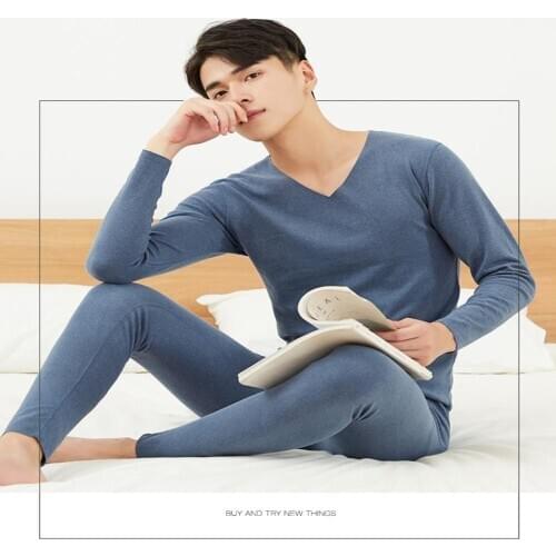 2pieces/set 2020 New Arrival Autumn Winter Men Thermal Underwear Set Solid Color Warm Pullover Tops and Pants Set Male Clothing