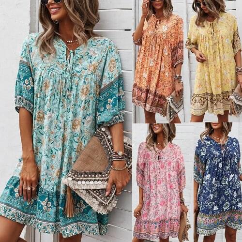 Summer Floral Short-sleeved Hollow Women Dress Ins Style Casual Loose Fashion Short Skirt Bohemian Style -40