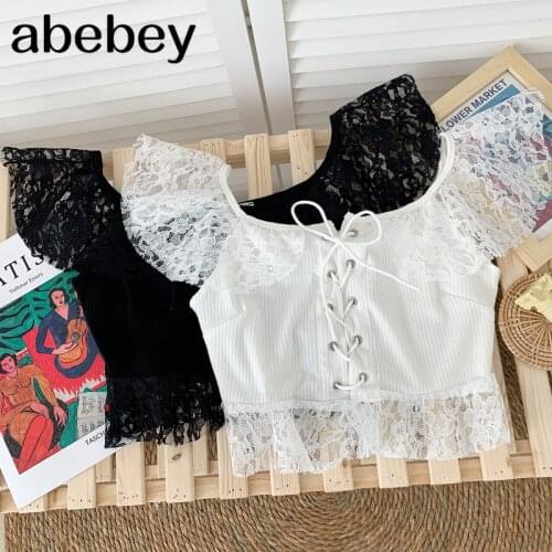 2021 New Summer Sweet versatile O-neck flying sleeve Shirt cross strap off shoulder Lace Ruffles short Shirt Top
