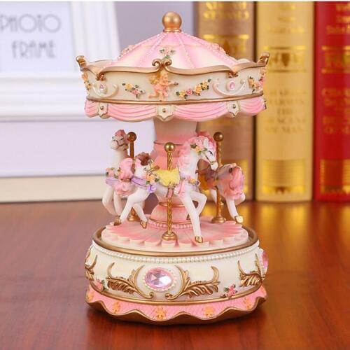Flashing LED Light Resin Carousel Music Box Kids Girls Valentines Day Birthday Christmas Gift Toy Wedding Home Decor Crafts