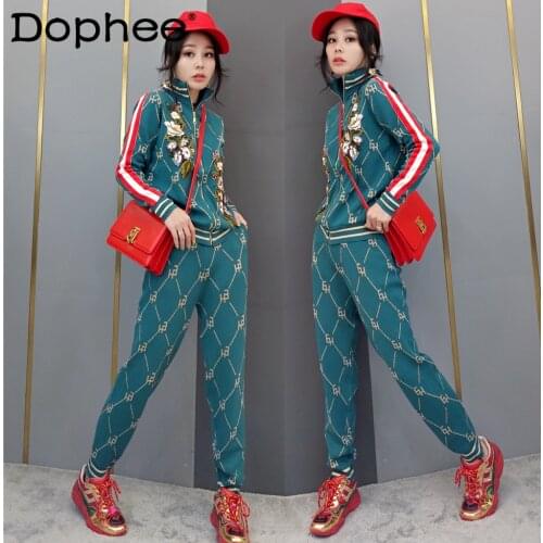 2021 Autumn and Winter New Fashion Knitted Outfits Womens Cartoon Embroidery Cardigan Sweater Zip Jacket Pants Two-Piece Sets