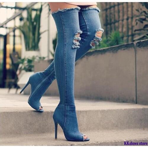 Sexy Boots Women Thigh High Boots Over The Knee High Bottes Peep Toe Pumps Hole Blue Heels Zipper Denim Jeans Shoes Botas