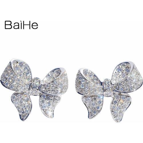 BAIHE Solid 14K White Gold 1ct H/SI Natural Diamonds Women Trendy Fine Jewelry Beautiful bow diamond Stud Earrings For Women