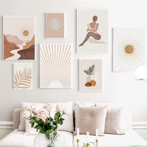 Mid Century Modern Sun Art Print Abstract Landscape Painting Yoga Woman Poster Leaf Boho Wall Art Pictures For Living Room Decor