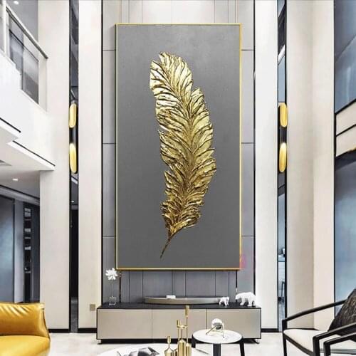 Gold Leaf Canvas Painting Feather Leaf Wall Art Posters and Prints Living Room Decoration Wall Painting Balcony Decoration