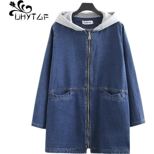 UHYTGF Loose 5XL Plus Size Jacket Women Fashion Hooded Spring Denim Coats Pure Color Wild Jeans Windbreaker Female Outerwear 176