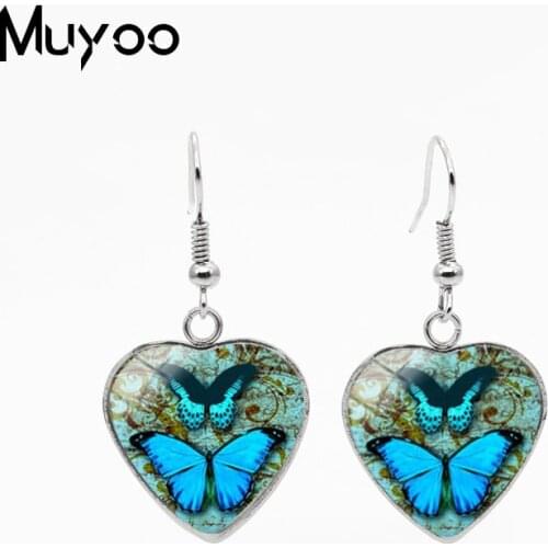 Vintage Butterflies and Flowers Handmade Jewelry Heart Hook Earrings Blue Butterfly Heart Stainless Steel Pendants Hook Earrings