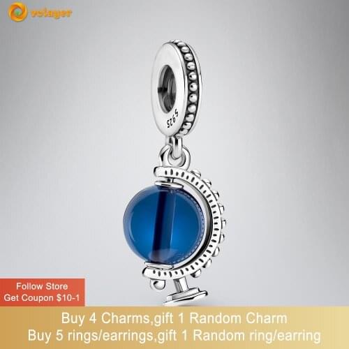 Volayer 925 Sterling Silver Beads Blue Globe Dangle Charm fit Original Pandora Bracelets Women Jewelry Making Girl DIY Charm