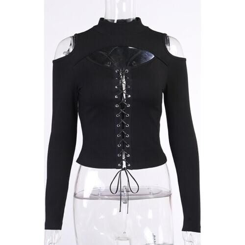 Goth Dark Gothic Sexy Hollow Out Front Black T-shirts Punk Style Bandage Long Sleeve T-shirt Women Bodycon Autumn Tops