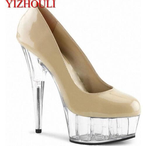 High height single shoes for sexy women, PU patent leather crystal soles, 6-inch beige party pole dancing party heels