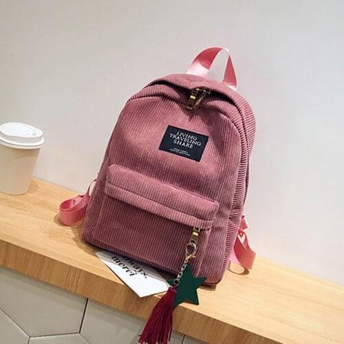 #H40 Corduroy Backpack Style Soft Fabric Female Pure Colour Student Bag School Vintage Women Stripe Teenage Girls Travel