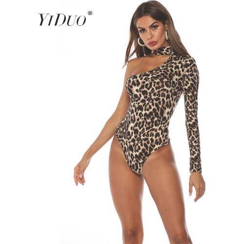 YiDuo Fashion Animal Snake Print Women Club Party Bodysuit Long Sleeve Choker Halter One Shoulder Fit Sexy Bodysuits Leopard