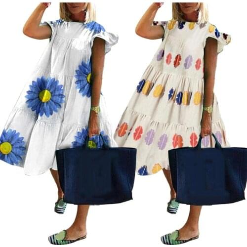 Women Vintage Floral Print Loose A-Line Dress Casual O Neck Short Sleeve Marguerite Print Large Hem A Line Midi Dress Vestidos