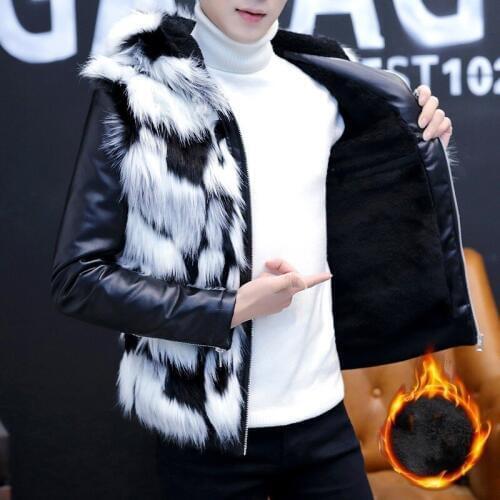 Winter New Korean Thick Warm Fleece Liner Mens Hooded Jackets Fashion PU Leather Patchwork Faux Fur Casual Male Big Size Coats