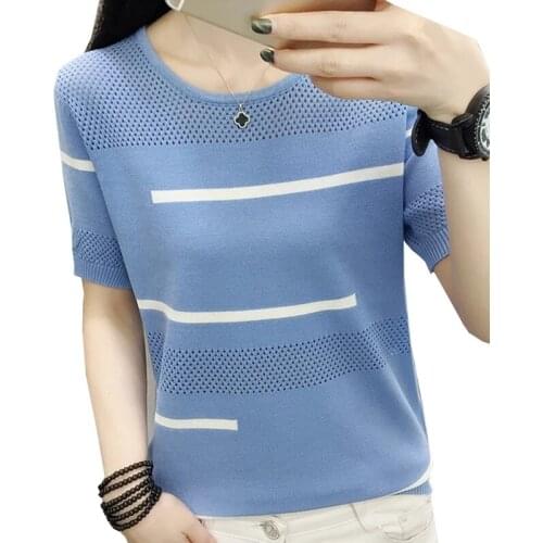 2021 Thin Summer Hollow Out Striped T Shirt Women Tshirt Knitted Korean T-Shirt Woman Clothes Tee Shirt Femme Camisetas Mujer