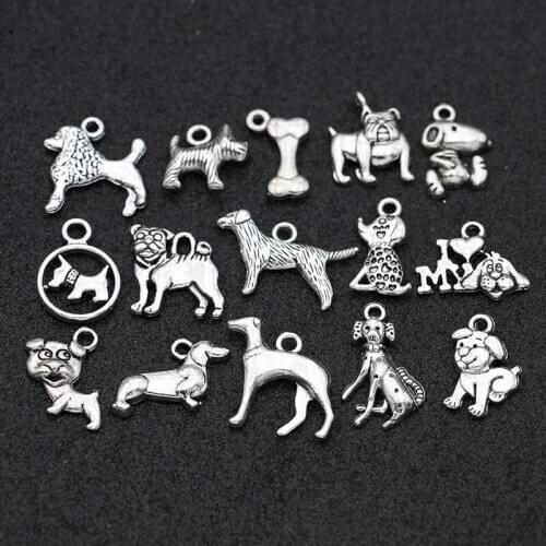 30pcs Antique Silver Plated Dog Charms Pendant for Jewelry Making Bracelet Necklace DIY Accessories Craft Mix