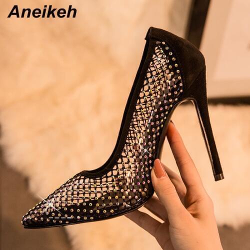Aneikeh 2020 Fashion Mesh Rhinestone Pointed Toe Pumps PVC Transparent Woman Slip On Sexy Party Thin High Heels Shoes Size 35-42