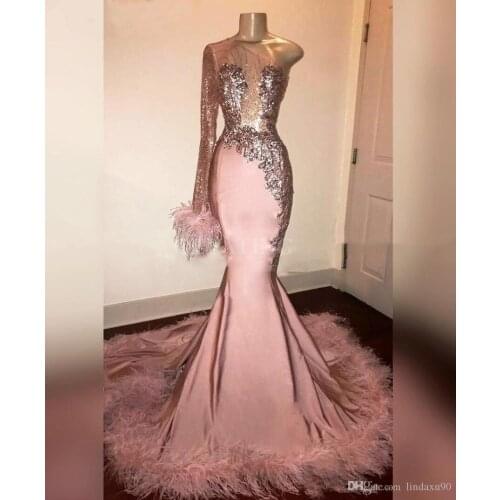 Glitter Sequin Prom Dress Long Sleeve Mermaid Pink Black Girl with Feathers Train One Shoulder African Formal Evening Gowns