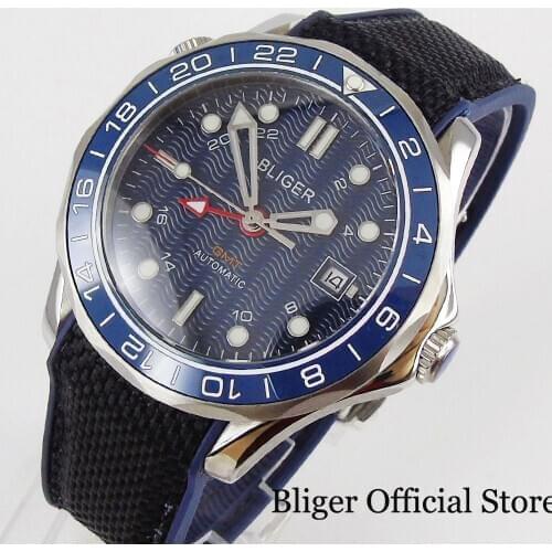 BLIGER Blue Fashional 41mm Automatic Men Watch Sapphire Glass GMT Hand Rotating Bezel Rubber Band