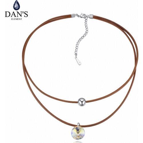 DANS Element Real Austrian Crystals Double Leather Chain Round Crystal Pendant Choker Necklace For Valentines Gift 125137